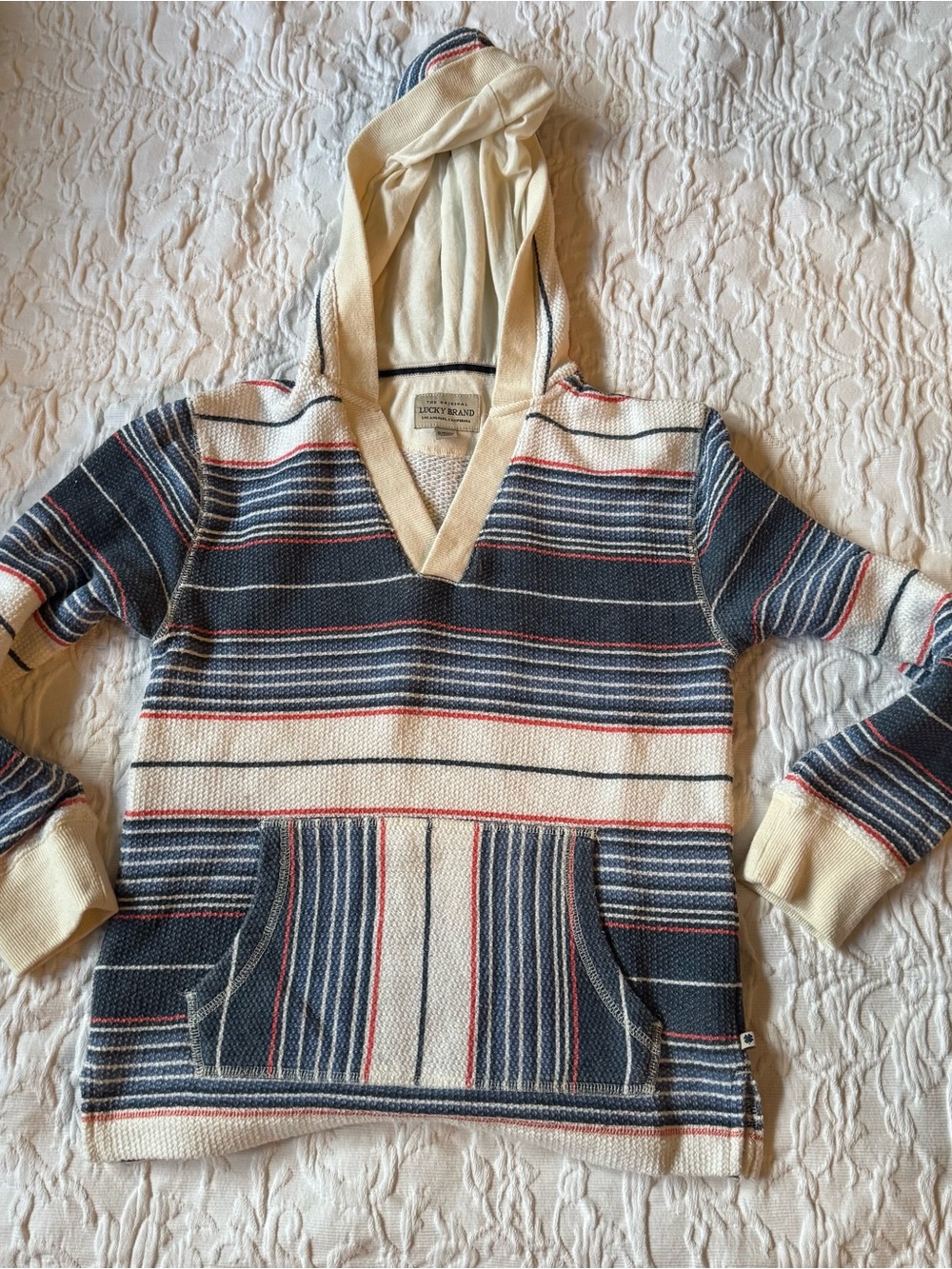 Lucky Brand Striped V-Neck Hoodie in Cream, Navy & Red